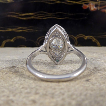 Art Deco Navette Shaped Diamond and Emerald Cluster Ring