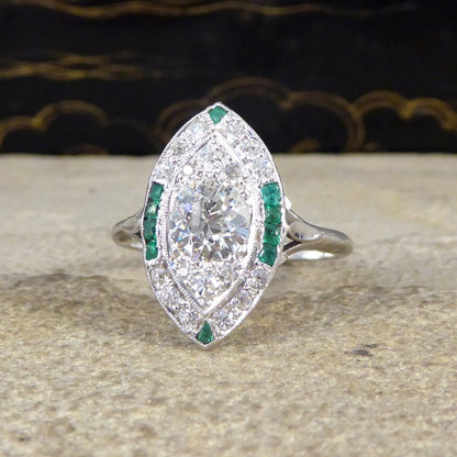 Art Deco Navette Shaped Diamond and Emerald Cluster Ring