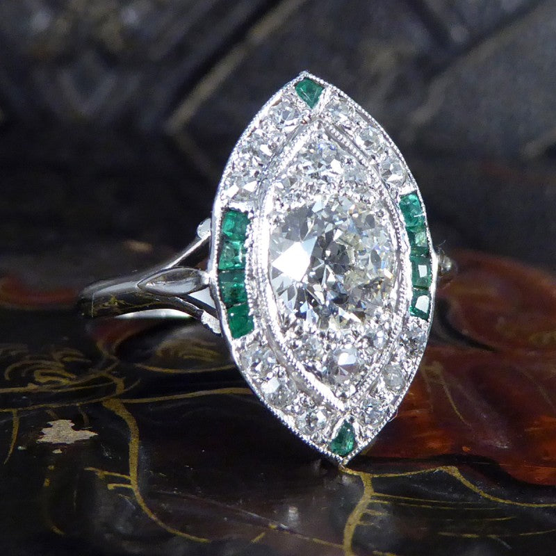 Art Deco Navette Shaped Diamond and Emerald Cluster Ring
