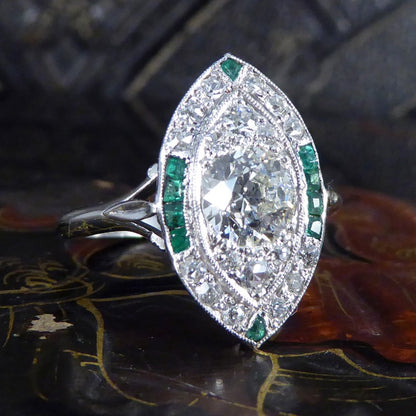 Art Deco Navette Shaped Diamond and Emerald Cluster Ring