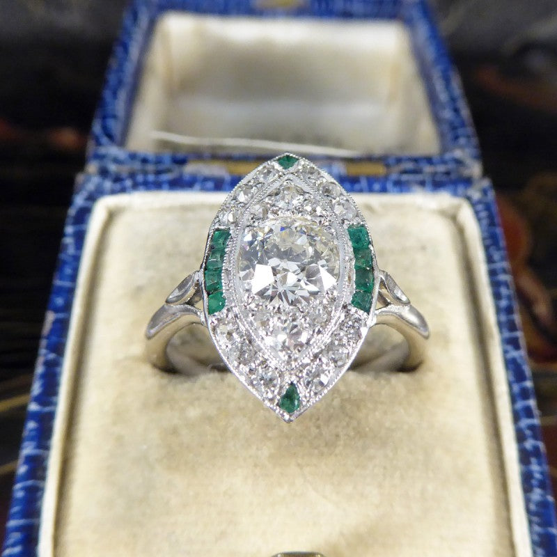 Art Deco Navette Shaped Diamond and Emerald Cluster Ring