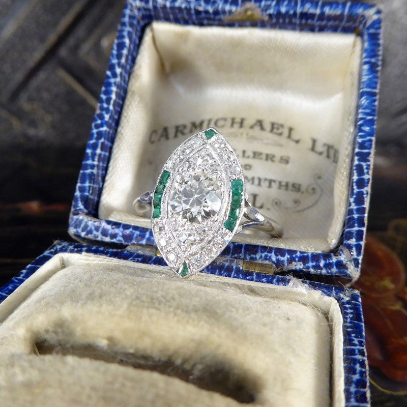 Art Deco Navette Shaped Diamond and Emerald Cluster Ring