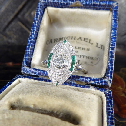 Art Deco Navette Shaped Diamond and Emerald Cluster Ring
