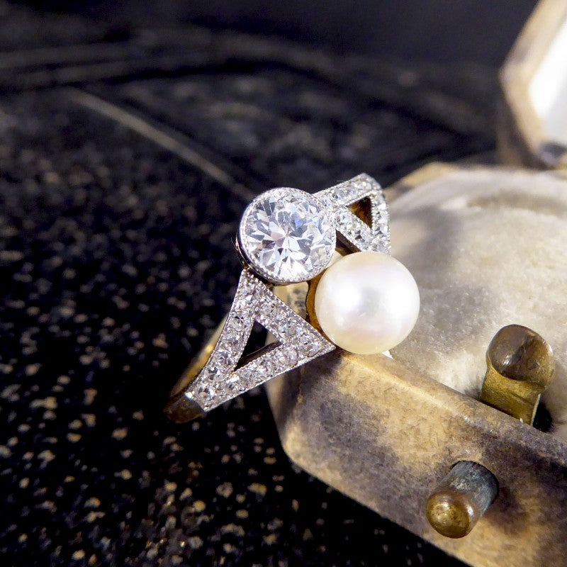 Art Deco Old Cut Diamond and Natural Pearl Two Stone Ring