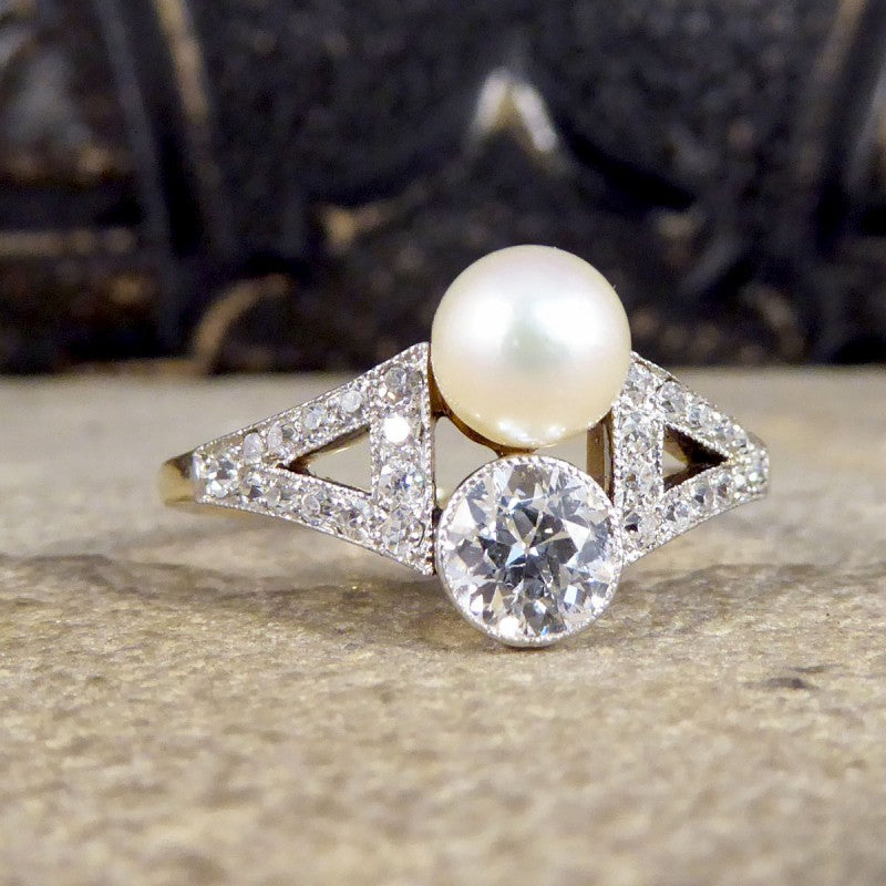 Art Deco Old Cut Diamond and Natural Pearl Two Stone Ring