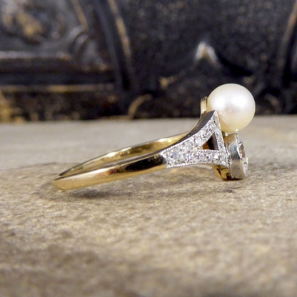 Art Deco Old Cut Diamond and Natural Pearl Two Stone Ring