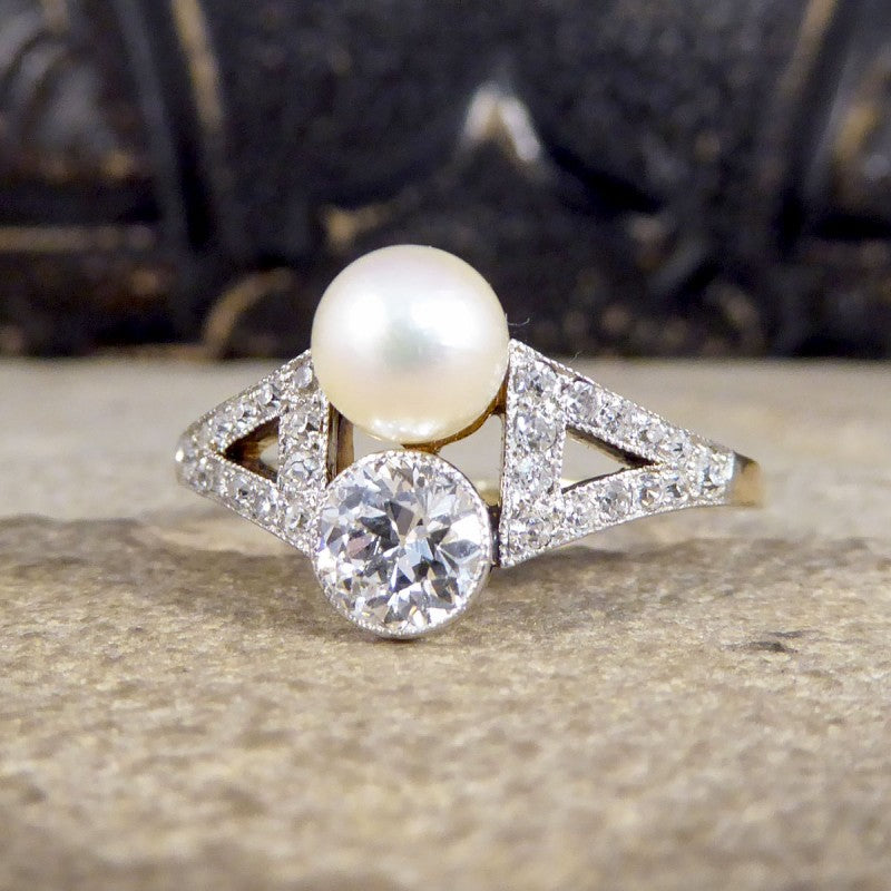 Art Deco Old Cut Diamond and Natural Pearl Two Stone Ring