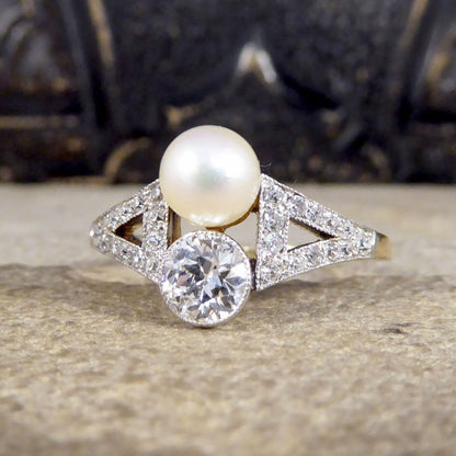 Art Deco Old Cut Diamond and Natural Pearl Two Stone Ring