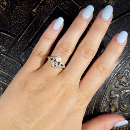 Art Deco Old Cut Diamond and Natural Pearl Two Stone Ring