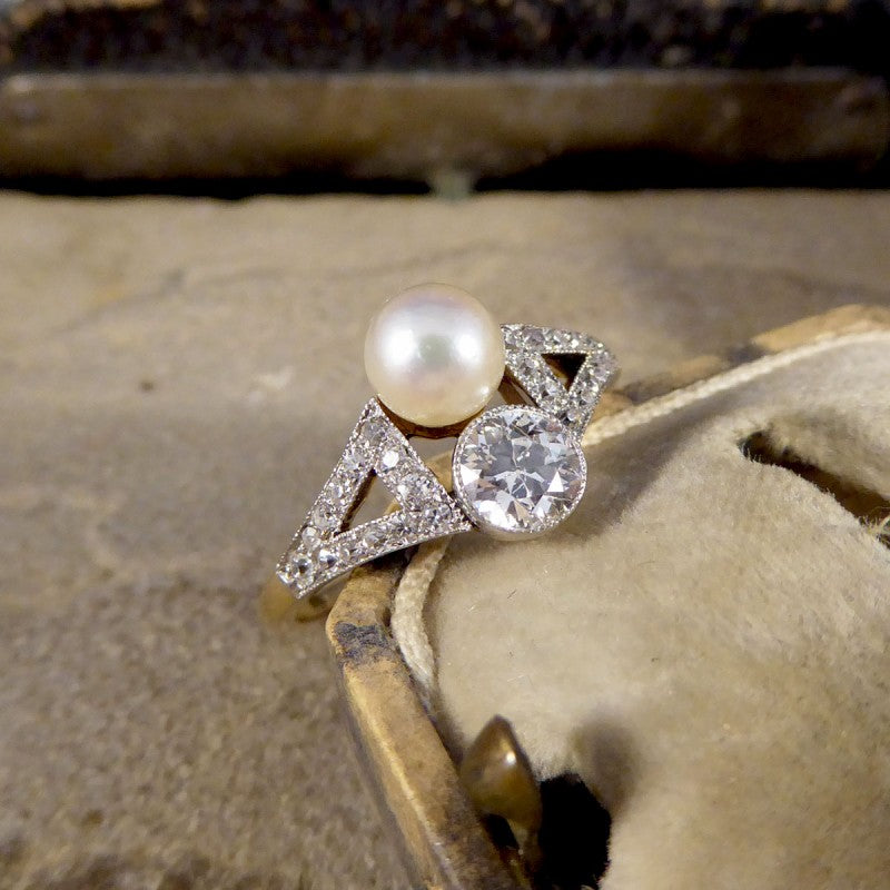 Art Deco Old Cut Diamond and Natural Pearl Two Stone Ring