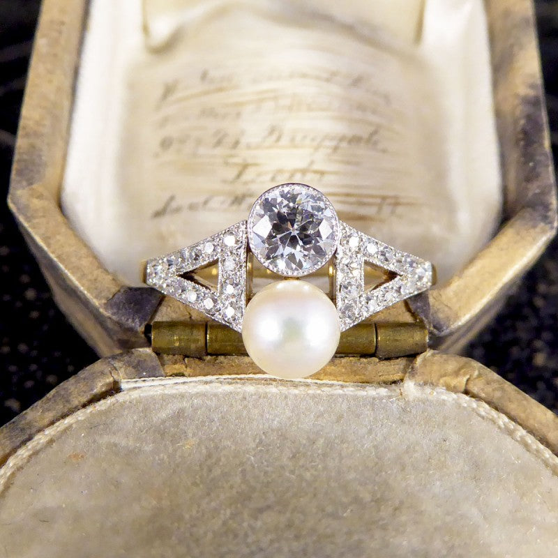 Art Deco Old Cut Diamond and Natural Pearl Two Stone Ring