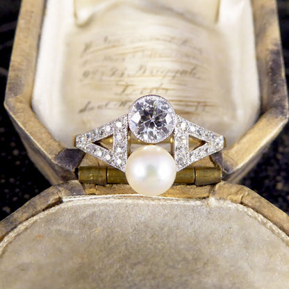 Art Deco Old Cut Diamond and Natural Pearl Two Stone Ring