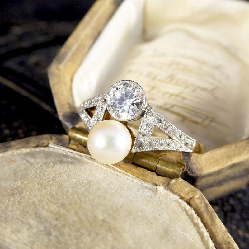 Art Deco Old Cut Diamond and Natural Pearl Two Stone Ring