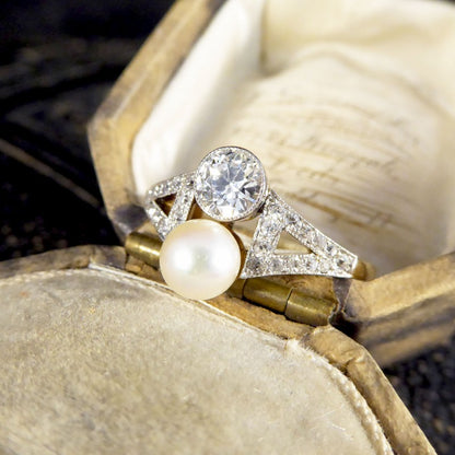 Art Deco Old Cut Diamond and Natural Pearl Two Stone Ring