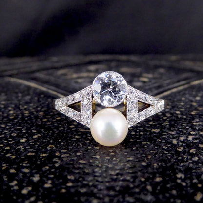 Art Deco Old Cut Diamond and Natural Pearl Two Stone Ring