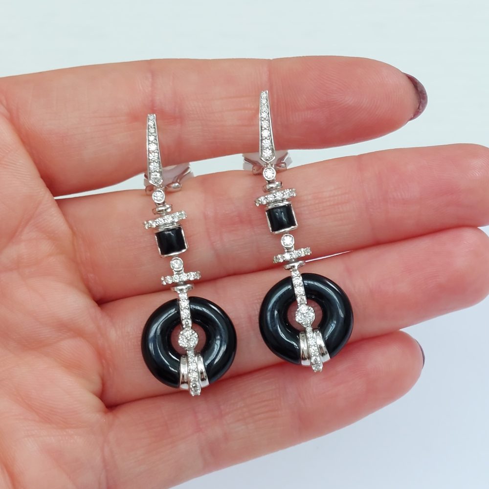Art Deco Onyx and Diamond Drop Earrings