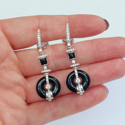 Art Deco Onyx and Diamond Drop Earrings