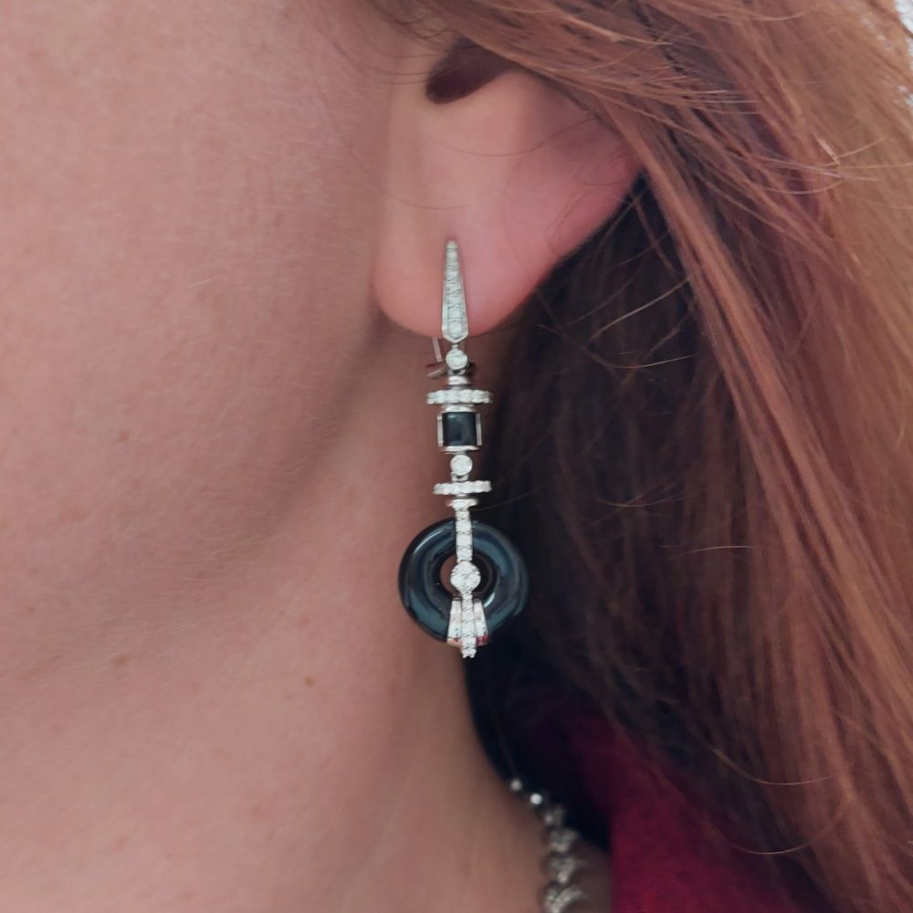 Art Deco Onyx and Diamond Drop Earrings