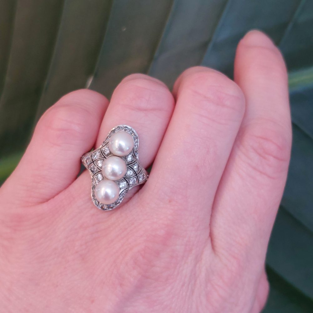 Art Deco Pearl and Diamond Dress Ring by J E Caldwell and Co