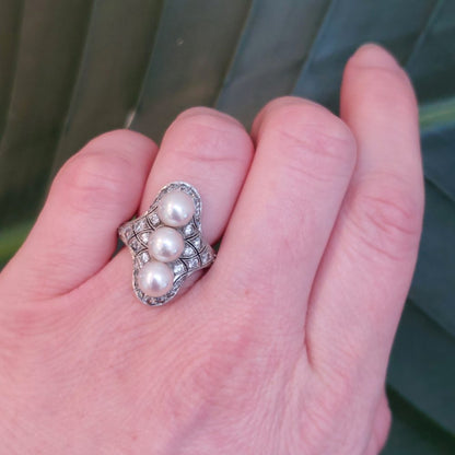 Art Deco Pearl and Diamond Dress Ring by J E Caldwell and Co
