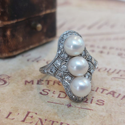 Art Deco Pearl and Diamond Dress Ring by J E Caldwell and Co