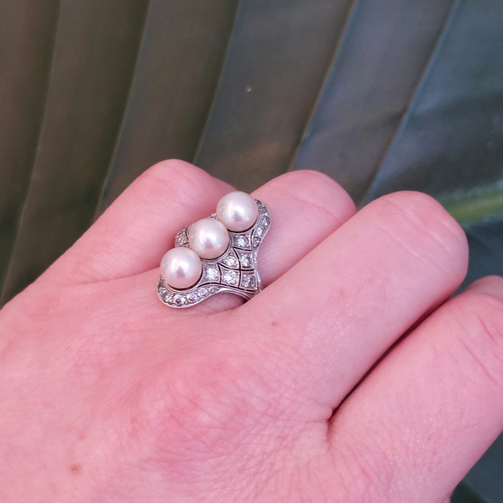 Art Deco Pearl and Diamond Dress Ring by J E Caldwell and Co