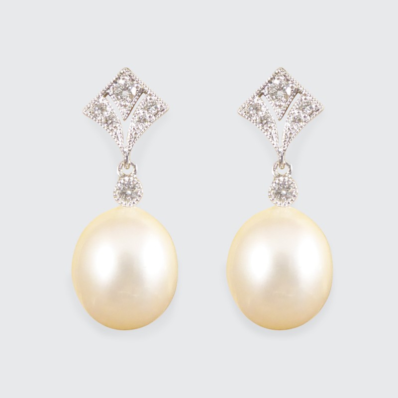 Art Deco Period Replica Diamond Set Pearl Drop Earrings