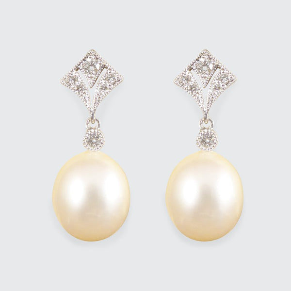 Art Deco Period Replica Diamond Set Pearl Drop Earrings