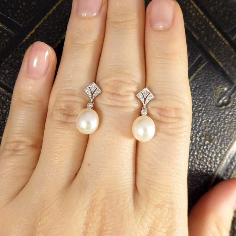Art Deco Period Replica Diamond Set Pearl Drop Earrings