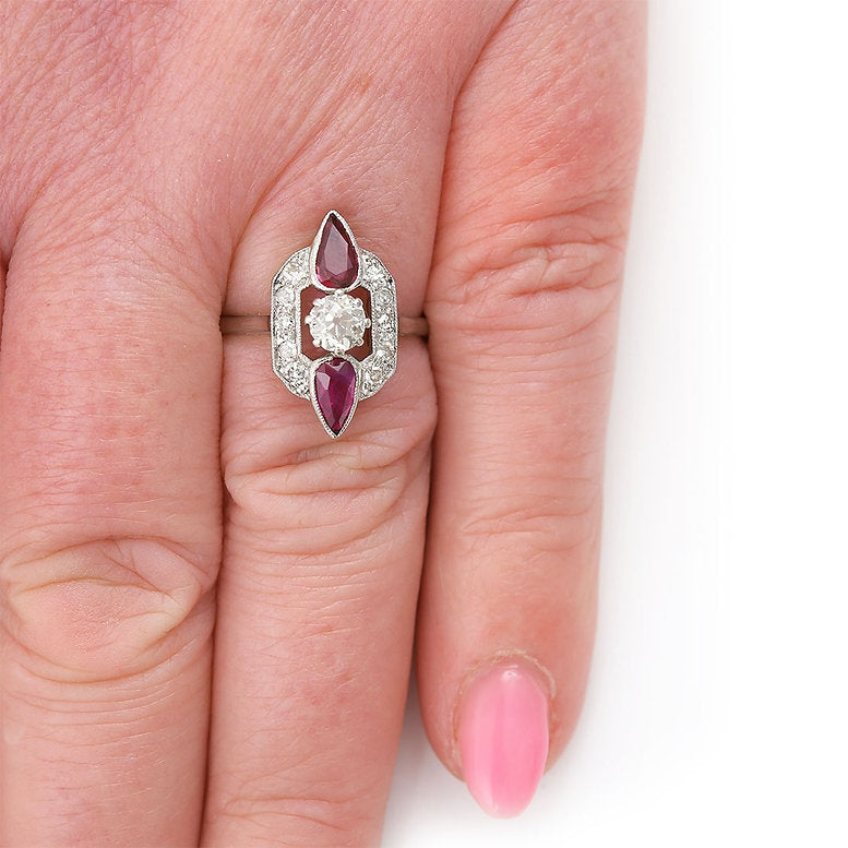 Art Deco 0.40ct Old Cut Diamond and Pear Cut Ruby Three Stone Cluster Ring
