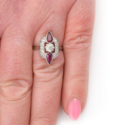 Art Deco 0.40ct Old Cut Diamond and Pear Cut Ruby Three Stone Cluster Ring