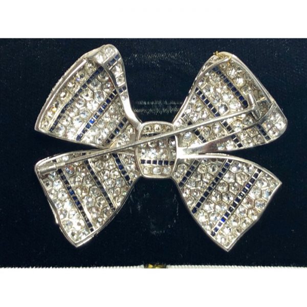Art Deco Sapphire Diamond Platinum Bow Brooch