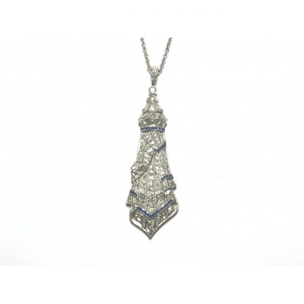Art Deco Sapphire Diamond Platinum Pendant and Later Gold Chain