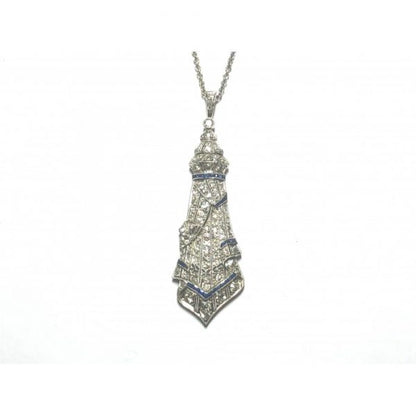 Art Deco Sapphire Diamond Platinum Pendant and Later Gold Chain