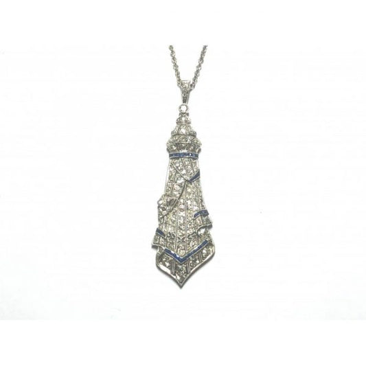 Art Deco Sapphire Diamond Platinum Pendant and Later Gold Chain