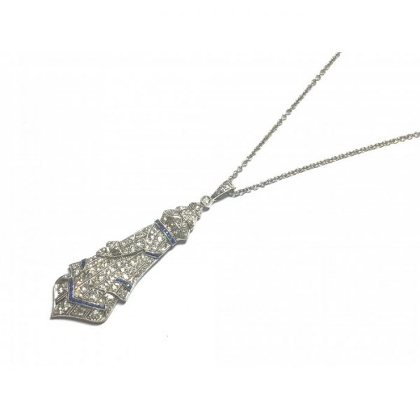 Art Deco Sapphire Diamond Platinum Pendant and Later Gold Chain