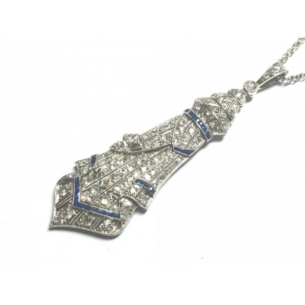 Art Deco Sapphire Diamond Platinum Pendant and Later Gold Chain