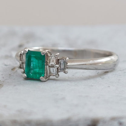 Art Deco Style 0.43ct Emerald and Diamond Platinum Ring