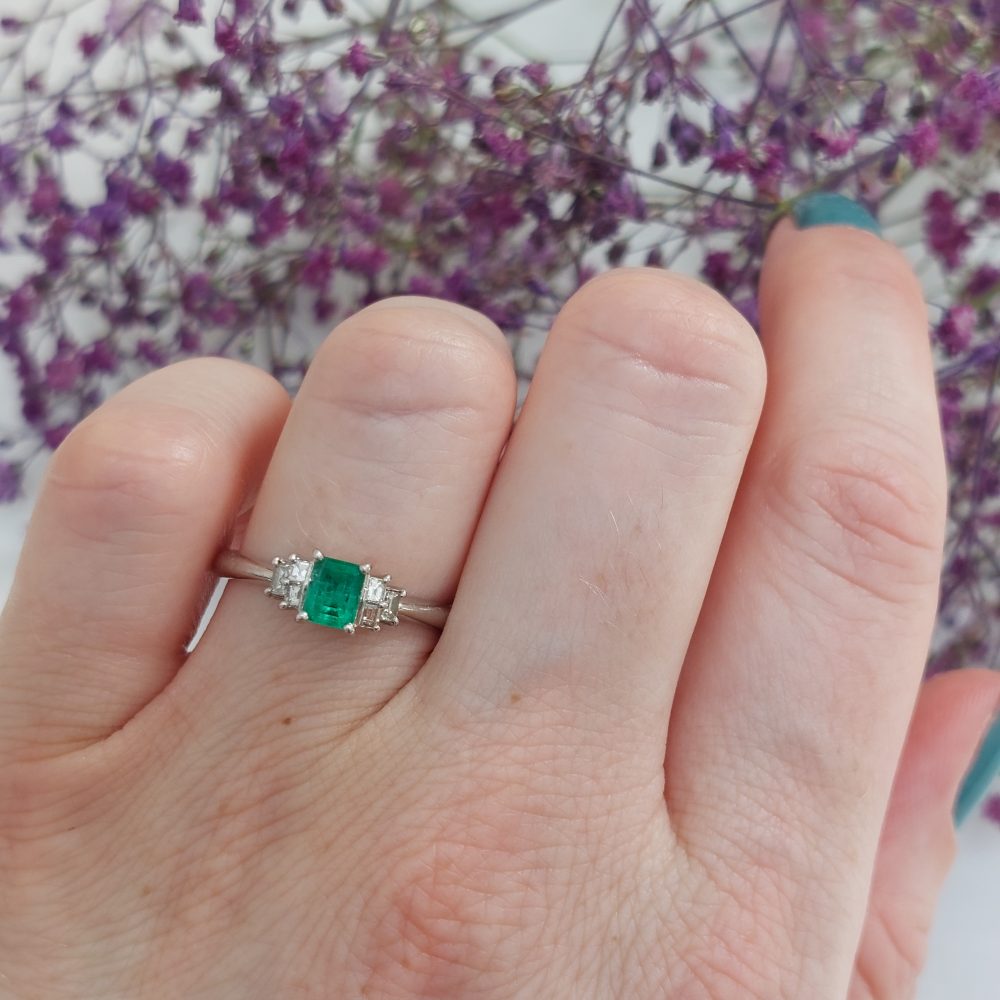 Art Deco Style 0.43ct Emerald and Diamond Platinum Ring