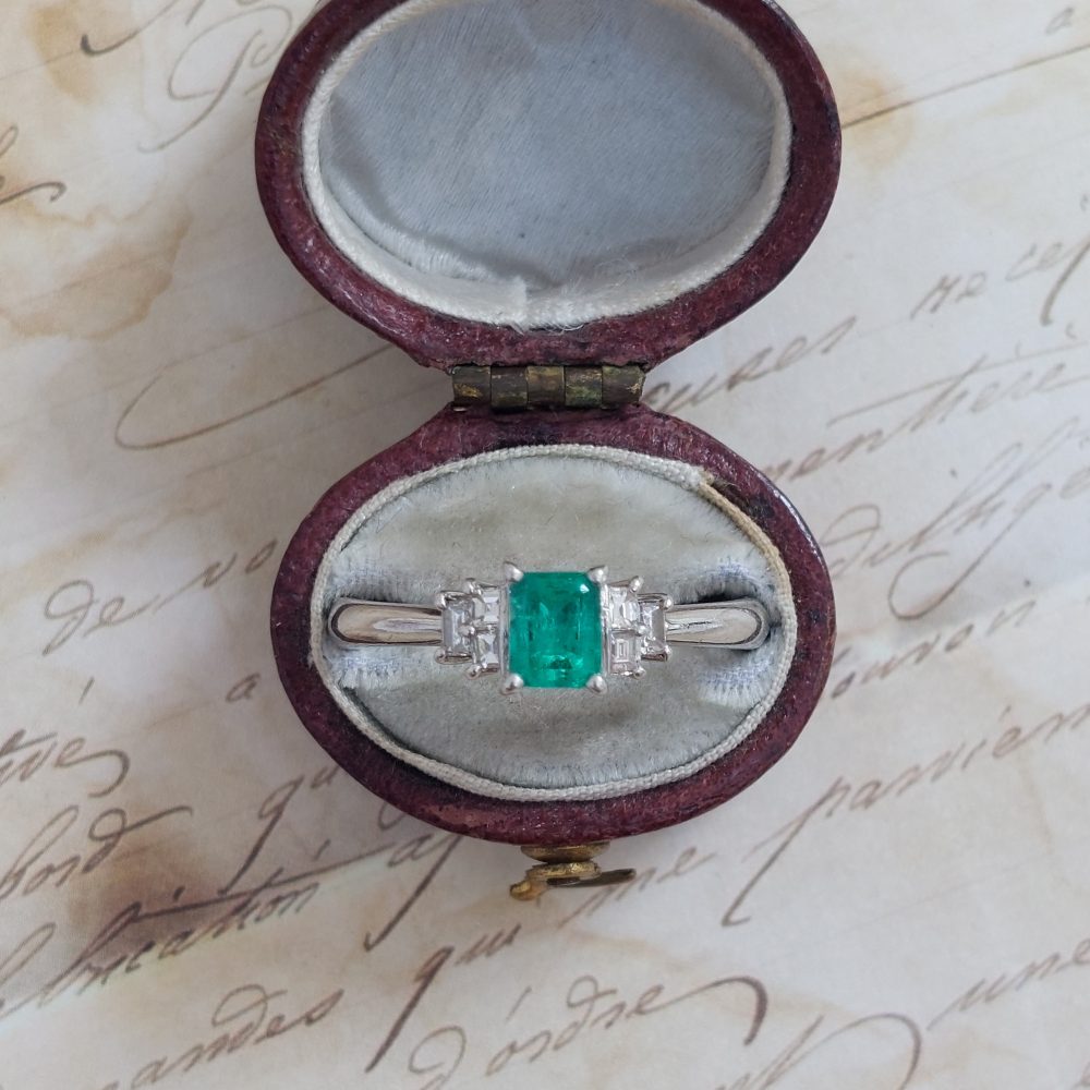 Art Deco Style 0.43ct Emerald and Diamond Platinum Ring