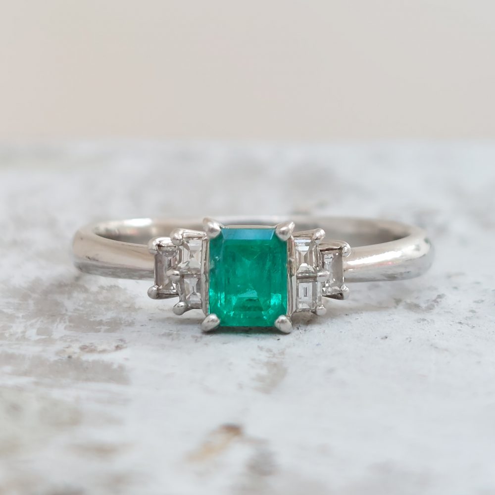 Art Deco Style 0.43ct Emerald and Diamond Platinum Ring