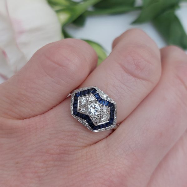 Art Deco Style 0.60ct Diamond And Sapphire Ring