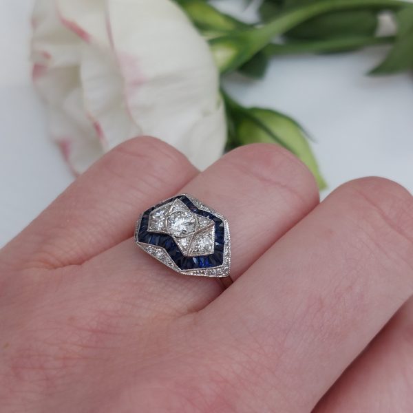 Art Deco Style 0.60ct Diamond And Sapphire Ring