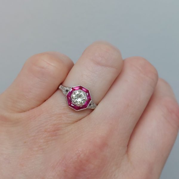 Art Deco Style 0.60ct Diamond and Ruby Target Cluster Ring