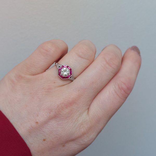 Art Deco Style 0.60ct Diamond and Ruby Target Cluster Ring