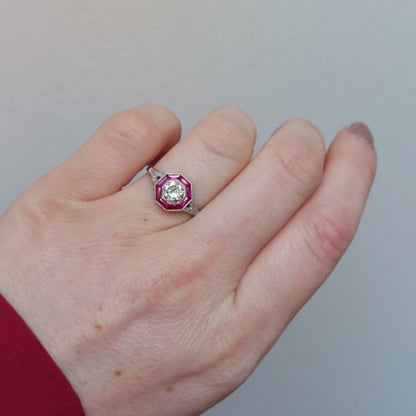 Art Deco Style 0.60ct Diamond and Ruby Target Cluster Ring