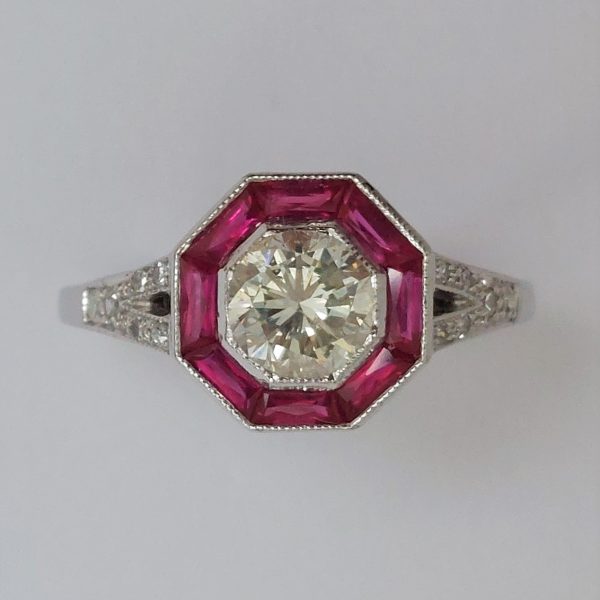 Art Deco Style 0.60ct Diamond and Ruby Target Cluster Ring