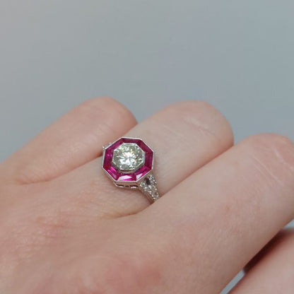 Art Deco Style 0.60ct Diamond and Ruby Target Cluster Ring
