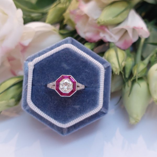 Art Deco Style 0.60ct Diamond and Ruby Target Cluster Ring