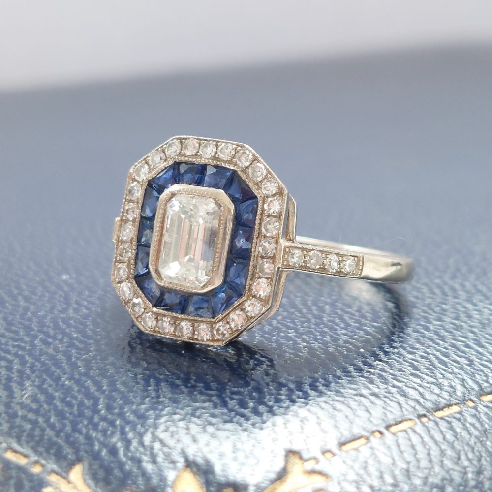 Art Deco Style 0.70ct Diamond and Sapphire Target Cluster Ring